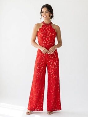 Lotus Threads NY Red Lace Halter Jumpsuit | Wide Leg Gala Wedding Guest 12